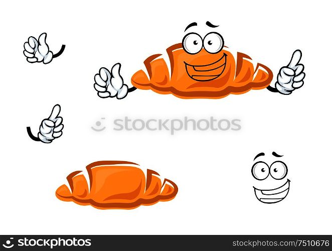 Fresh tasty french croissant cartoon character with golden crust and happy smile showing attention gesture, for bakery or pastry design. Cartoon isolated french croissant character