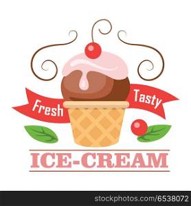 Fresh Tasty Ice-Cream. Icon logo Icecream in Cone. Fresh tasty ice-cream. Ball of ice cream in cone with one cherry. Crispy brown round waffle cup. Chocolate ice with pink flowering topping. Tasty confectionery. Cartoon design. Vector illustration