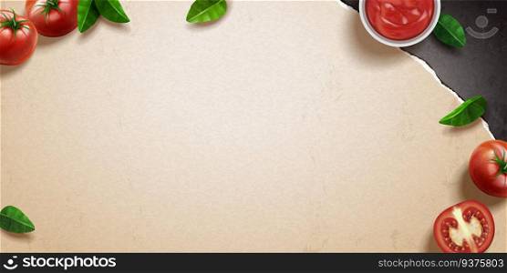 Fresh tomato and basil on kraft paper background in 3d illustration. Tomato and basil on kraft paper