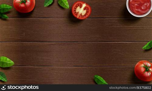 Fresh tomato and basil on wooden table background in 3d illustration. Fresh tomato and basil on table