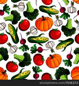 Fresh tomato and pumpkin, broccoli and corn, radish and garlic vegetables seamless pattern background for agriculture, recipe book or vegetarian food design. Fresh farm veggies seamless pattern
