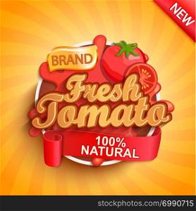 Fresh tomato logo, label or sticker on sunburst background. Natural, organic food, drink or sauce.Concept for farmers market, shops, packing and packages, advertising design.Vector illustration.. Fresh tomato logo, label or sticker.