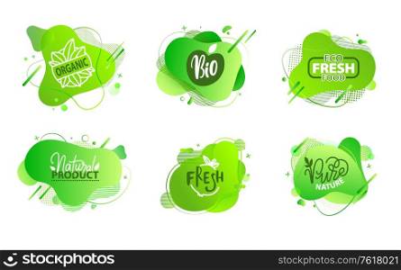 Fresh vegan food label, green poster natural and herbal product, 100 percent organic, healthy product, set of emblem, market sticker vector. Menu logo on green abstract watercolor lable. Natural Product, Vegan Food, Sticker Set Vector