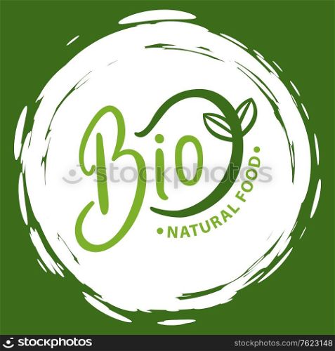 Fresh vegan food label, green poster natural and herbal product, 100 percent organic, healthy product, bio emblem, market sticker vector. Menu logo on white abstract watercolor lable. Natural Product, Vegan Food, Sticker Set Vector