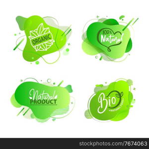 Fresh vegan food label, green poster natural and herbal product, 100 percent organic, healthy product, set of emblem, market sticker vector. Menu logo on green abstract watercolor lable. Natural Product, Vegan Food, Sticker Set Vector