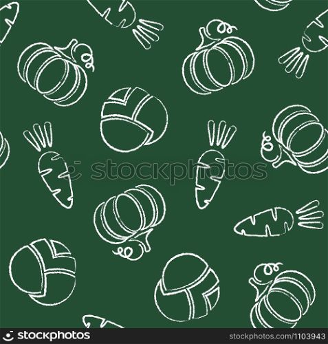 Fresh vegetable chalk contour seamless pattern. Retro style trendy background ornament with chalk silhouette vegetables on green chalkboard. Seamless vector illustration for vintage wallpaper pattern. Fresh vegetable chalk contour seamless pattern
