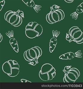 Fresh vegetable chalk contour seamless pattern. Retro style trendy background ornament with chalk silhouette vegetables on green chalkboard. Seamless vector illustration for vintage wallpaper pattern. Fresh vegetable chalk contour seamless pattern