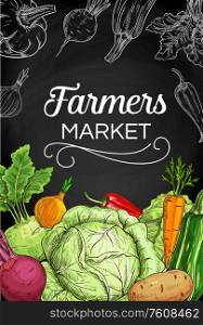Fresh vegetable chalk sketches on blackboard, vector farm food. Carrot, onion, pepper and green cabbage, zucchini, squash, beet and chilli, potato and kohlrabi, chalkboard poster of farm market. Fresh farm vegetable chalk sketches on blackboard