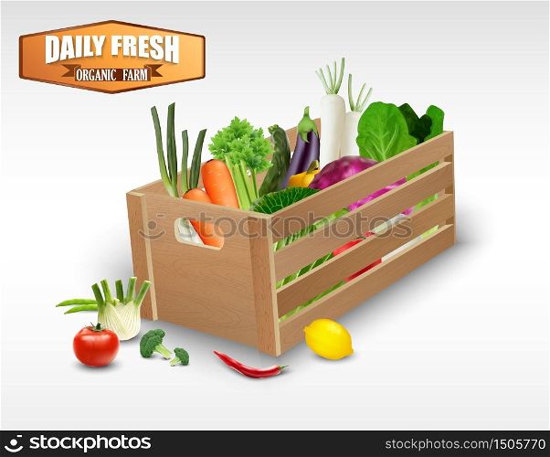Fresh vegetable in wooden crates on a white background.vector