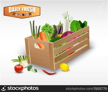 Fresh vegetable in wooden crates on a white background.vector