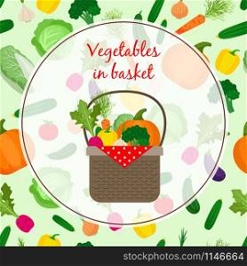 Fresh vegetable organic food set still life in basket, vector illustration. Fresh vegetable organic set in basket