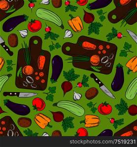 Fresh vegetable salad ingredients background with seamless pattern of tomato, pepper, carrot, eggplant, potato, zucchini, beet, garlic, radish, onion and parsley with knife and cutting board. Vegetable salad cooking seamless pattern