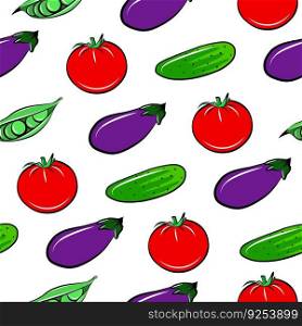 Fresh vegetable seamless pattern with eggplant, tomato, cucumber and green peas. Flat isolated vector fabric print template. Healthy eating diet backdrop. Farm food wrapping paper.