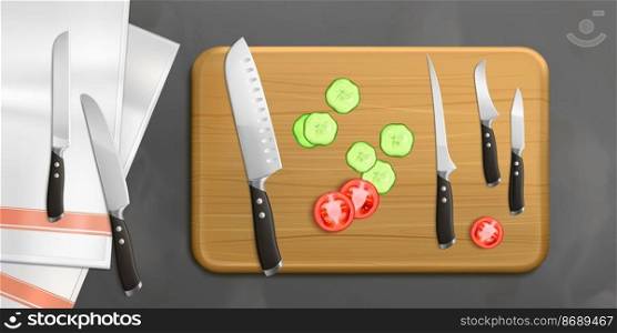 Fresh vegetable slices lying on cutting board with knives and tablecloth top view. Food cooking on kitchen, tomato and cucumber pieces on rectangle wood plank, Realistic 3d vector illustration. Vegetable slices lying on cutting board with knife