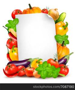 Fresh vegetables and food ingredients and white paper sheet. Recipe book concept. Copy space for text. Vector