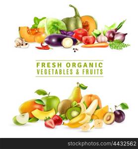 Fresh Vegetables And Fruits Design Concept . Colorful organic design concept with two collections of fresh vegetables and fruits in realistic style vector illustration