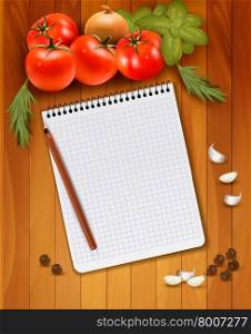 Fresh vegetables and spices on a wooden background and notebook for notes. Vector