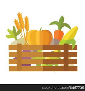 Fresh vegetables at the market vector. Flat design. Delivery farm products, grocery store assortment, foods for diet concept. Illustration of wooden box full of ripe pumpkin, carrot, corn, wheat, beet. Fresh Vegetables at the Market Illustration.