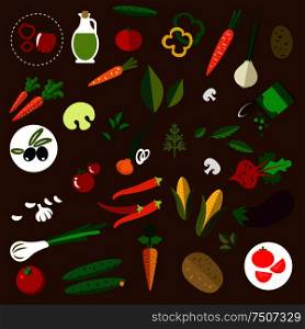 Fresh vegetables icons set with tomatoes, carrots, onions, cucumbers, mushrooms potatoes, corn, chili and bell peppers olives, eggplant beet, green pea, garlic herbs and olive oil . Fresh vegetables and herbs flat icons