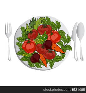 Fresh vegetables on a plate. A set of cutlery on the table. Vector hand drawn illustration. Concept healthy lifestyle, balanced and proper nutrition. Vector illustration. Fresh vegetables on a plate. A set of cutlery on the table.