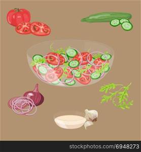 Fresh vegetables salad.. Bowl with fresh vegetables salad. Tomato, cucumber, onion, garlic, arugula Vector illustration EPS10