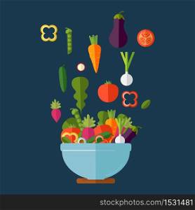 Fresh vegetables salad vector icon set. Vector illustration. Flat style organic icons set. Cooking salad with fresh vegetables. Flat style. Vector illustration.