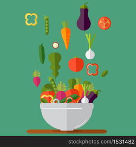 Fresh vegetables salad vector icon set. Vector illustration. Flat style organic icons set. Cooking salad with fresh vegetables. Flat style. Vector illustration.