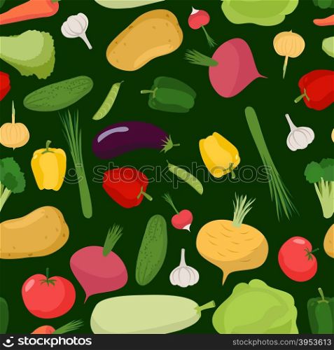 Fresh vegetables seamless pattern. Vector background of tomatoes and cucumbers. Vegetables from garden&#xA;