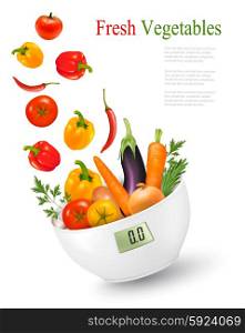 Fresh vegetables with in a weight scale. Diet concept. Vector.