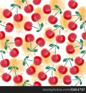 Fresh watercolor summer pattern with cherries, vector format