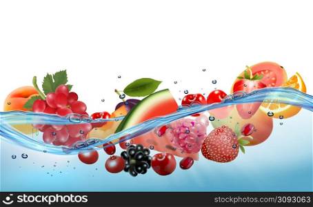 Fresh watermelon and different berries and fruit in transparent water. Vector illustration