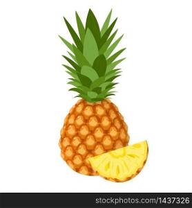 Fresh whole and cut slice pineapple fruit isolated on white background. Summer fruits for healthy lifestyle. Organic fruit. Cartoon style. Vector illustration for any design. Fresh whole and cut slice pineapple fruit isolated on white background. Summer fruits for healthy lifestyle. Organic fruit. Cartoon style. Vector illustration for any design.