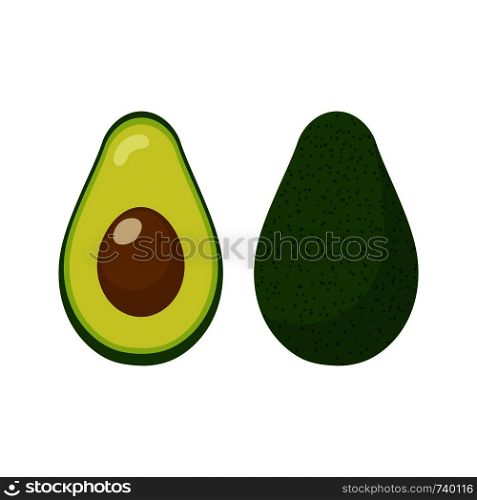 Fresh whole and half avocado isolated on white background. Organic food. Cartoon style. Vector illustration for design.
