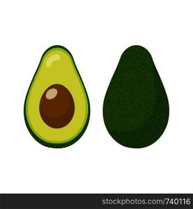 Fresh whole and half avocado isolated on white background. Organic food. Cartoon style. Vector illustration for design.