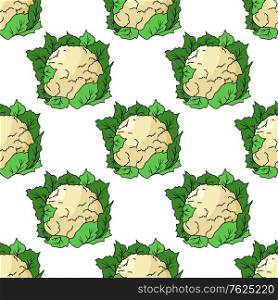 Fresh whole cauliflower seamless pattern with a repeat colorful motif with green leaves in square format. Fresh whole cauliflower seamless pattern