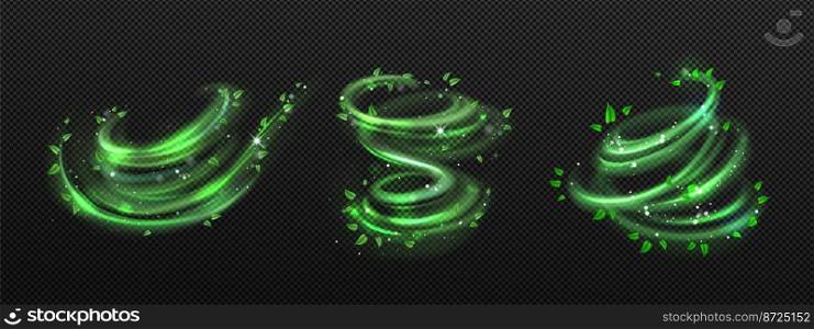Fresh wind swirls with green leaves and sparkles. Effect of air vortex and twist with flying mint leaves isolated on transparent background, vector realistic illustration. Fresh wind swirls with green leaves and sparkles