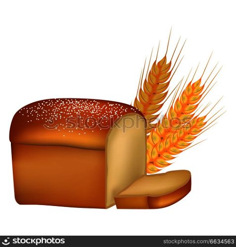 Freshly baked cut fragrant delicious bread loaf, small top crust and golden organic spikes isolated vector illustration on white background.. Freshly Baked Tasty Bread and Spikes Illustration