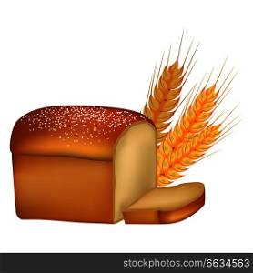 Freshly baked cut fragrant delicious bread loaf, small top crust and golden organic spikes isolated vector illustration on white background.. Freshly Baked Tasty Bread and Spikes Illustration
