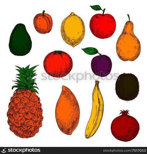 Freshly harvested flavorful pear, red apple, tropical banana, pineapple, orange, mango and lemon, sweet peach, plum, ripe avocado, pomegranate and kiwi fruits. Retro colored sketchy fruits for agriculture or organic farming design. Freshly harvested fruits retro sketch icons