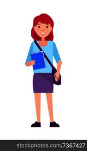Freshman first year student girl in purple skirt and blue blouse, handbag over shoulder and textbook in hands, vector female college graduate isolated. Freshman First Year Sudent Girl in Purple Skirt