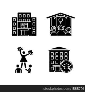 Freshman life black glyph icons set on white space. University female organizations and sports. Cheerleading. Library building. Silhouette symbols. Vector isolated illustration. Freshman life black glyph icons set on white space