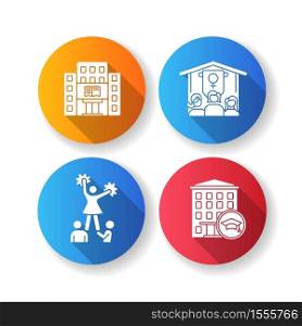Freshman life flat design long shadow glyph icons set. University female organizations and sports. Cheerleading. Library and dormitory building. Silhouette RGB color illustration. Freshman life flat design long shadow glyph icons set