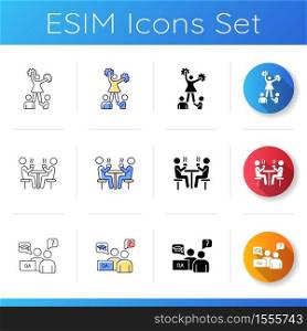 Freshman life icons set. University female sports. Cheerleading. Professors and lecturers. School cafeteria and public canteen. Linear, black and RGB color styles. Isolated vector illustrations. Freshman life icons set