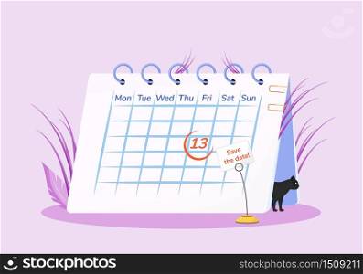 Friday 13th flat concept vector illustration. Calendar and black cat 2D cartoon composition for web design. Common superstition, unlucky day creative idea. Sinister calendar date, bad omen