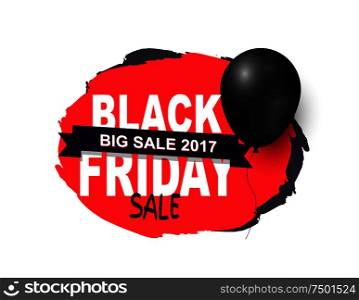 Friday sale, promo label with black balloon vector icon isolated. Tag or advertising badge with info about price reduction, discounts on goods of old collection. Friday Sale, Promo Label with Black Balloon Icon