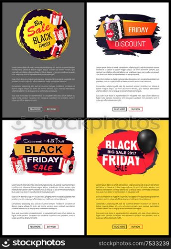 Friday sale, promo labels with black balloons vector on web posters with text. Tags or advertising badges with info about price reduction, discounts gift boxes. Friday Sale, Promo Labels, Black Balloon Vector