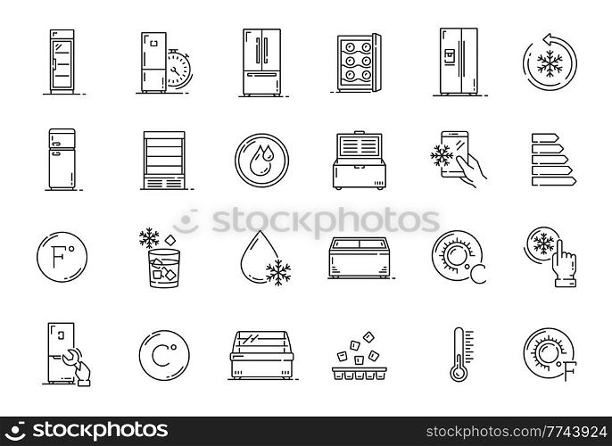 Fridge and freezer outline icons, food storage vector symbols. Ice, cooler and freezer chests, cold temperature, refrigerator box and thermometer, portable icebox and thermostat timer, appliance. Fridge and freezer outline icons of food storage