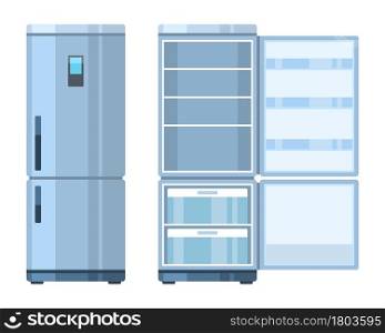 Fridge. Closed and open empty refrigerator, kitchen household appliances, home preserve food, electronic modern equipment for products, design element, vector cartoon flat style isolated illustration. Fridge. Closed and open empty refrigerator, kitchen household appliances, home preserve food, electronic modern equipment for products, design element vector cartoon flat isolated illustration