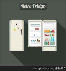 Fridge closed and open with food.