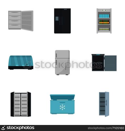 Fridge icon set. Flat set of 9 fridge vector icons for web design. Fridge icon set, flat style